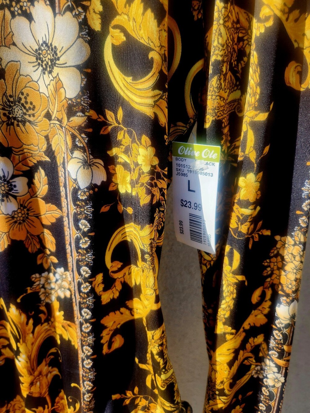 Olive Ole Baroque Print Long Sleeve Mock Neck Bodysuit Black Gold Large - Picture 3 of 5